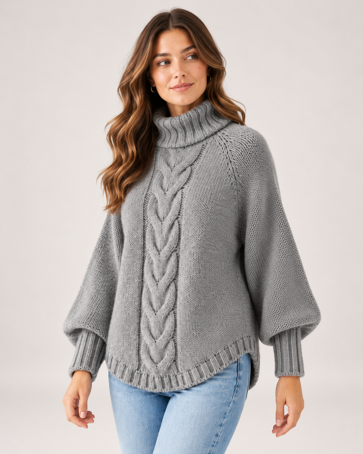 Women's Cable Knit Jumper Chunky Roll Neck Style grey close variant view
