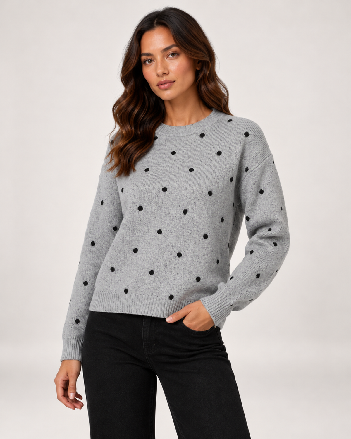 Women's grey polka dot crew neck sweater