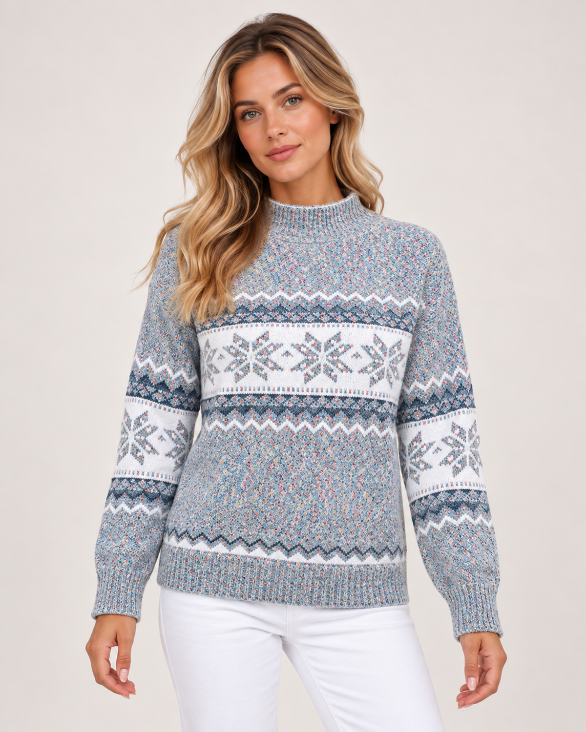Women's Christmas Jumper with Fair Isle Pattern and Roll Neck grey close variant view
