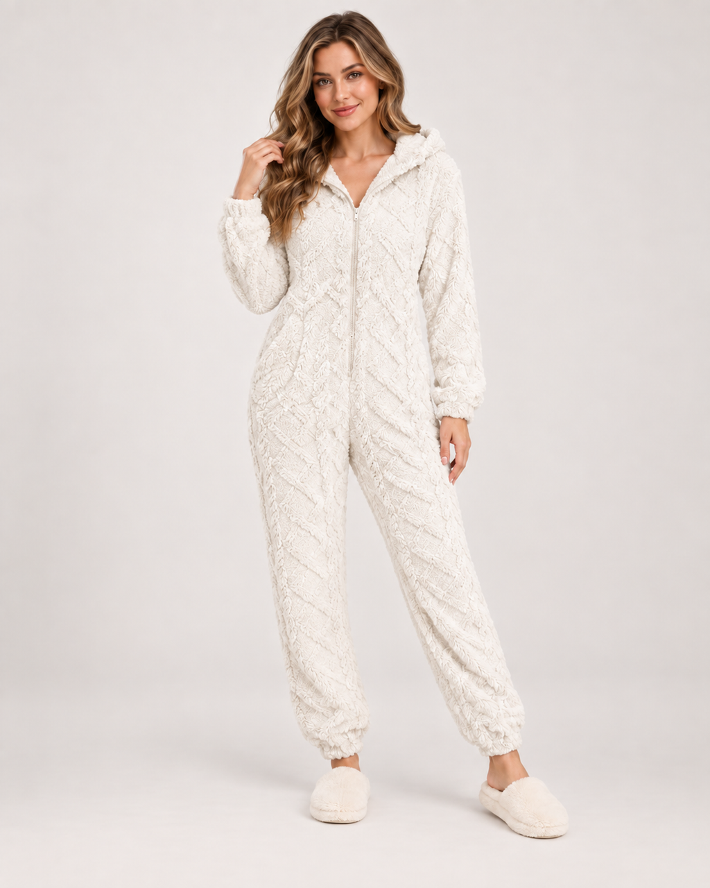 Women’s Fleece Pyjamas with Hood and Zip Front in Ivory, full body view