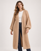 Women’s Long Cardigan with Balloon Sleeves in Khaki, full body view
