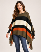 Women’s Poncho with Colour Block Design and Tassel Hem in Khaki, product led view