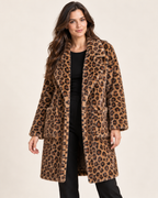 Women’s Faux Fur Coat with Leopard Print and Lapel Collar in Leopard Print, short outerwear product focus view