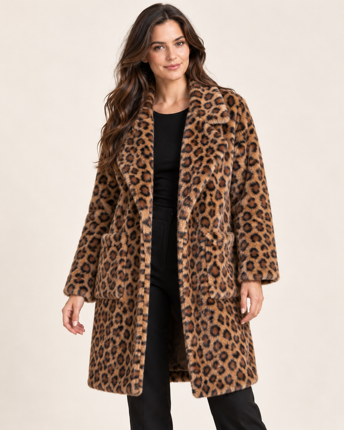Women’s Faux Fur Coat with Leopard Print and Lapel Collar in Leopard Print, short outerwear product focus view