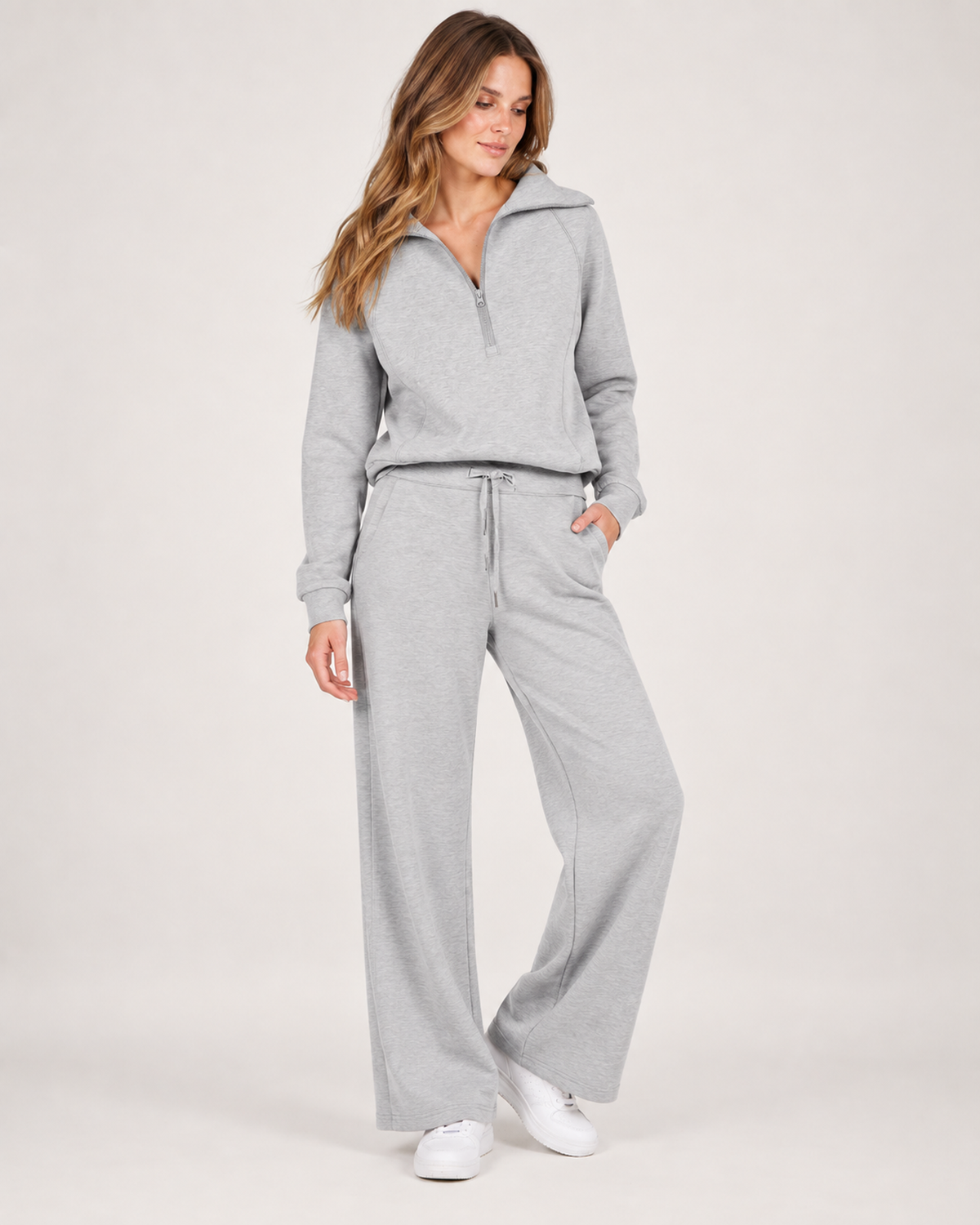 Women’s Tracksuit Set with Half-Zip Top and Wide-Leg Trousers in Light Grey, full body view