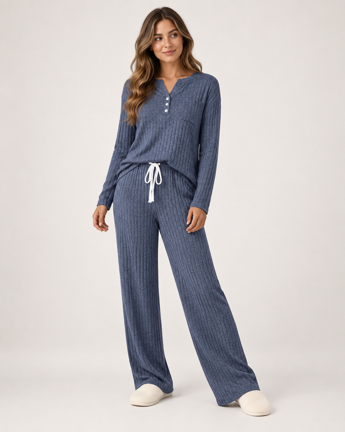 Women’s Pyjama Set with Ribbed Finish and Wide-Leg Trousers in Navy Blue, full body view