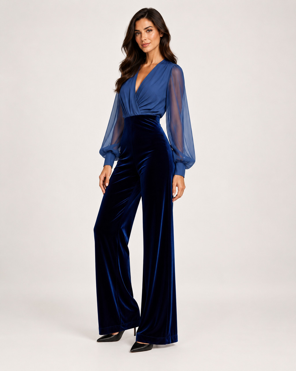 Women’s Wide Leg Jumpsuit with V Neck and Sheer Sleeves in Navy Blue, full body view