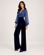 Women’s Wide Leg Jumpsuit with V Neck and Sheer Sleeves in Navy Blue, full body view