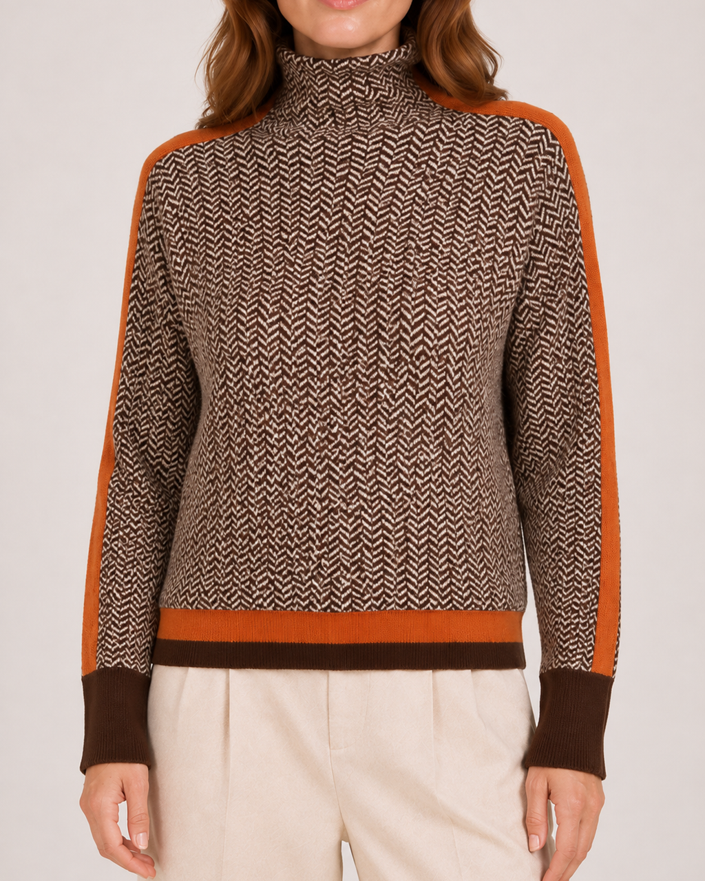 Women’s Roll Neck Jumper with Contrast Sleeves in Orange, product detail view