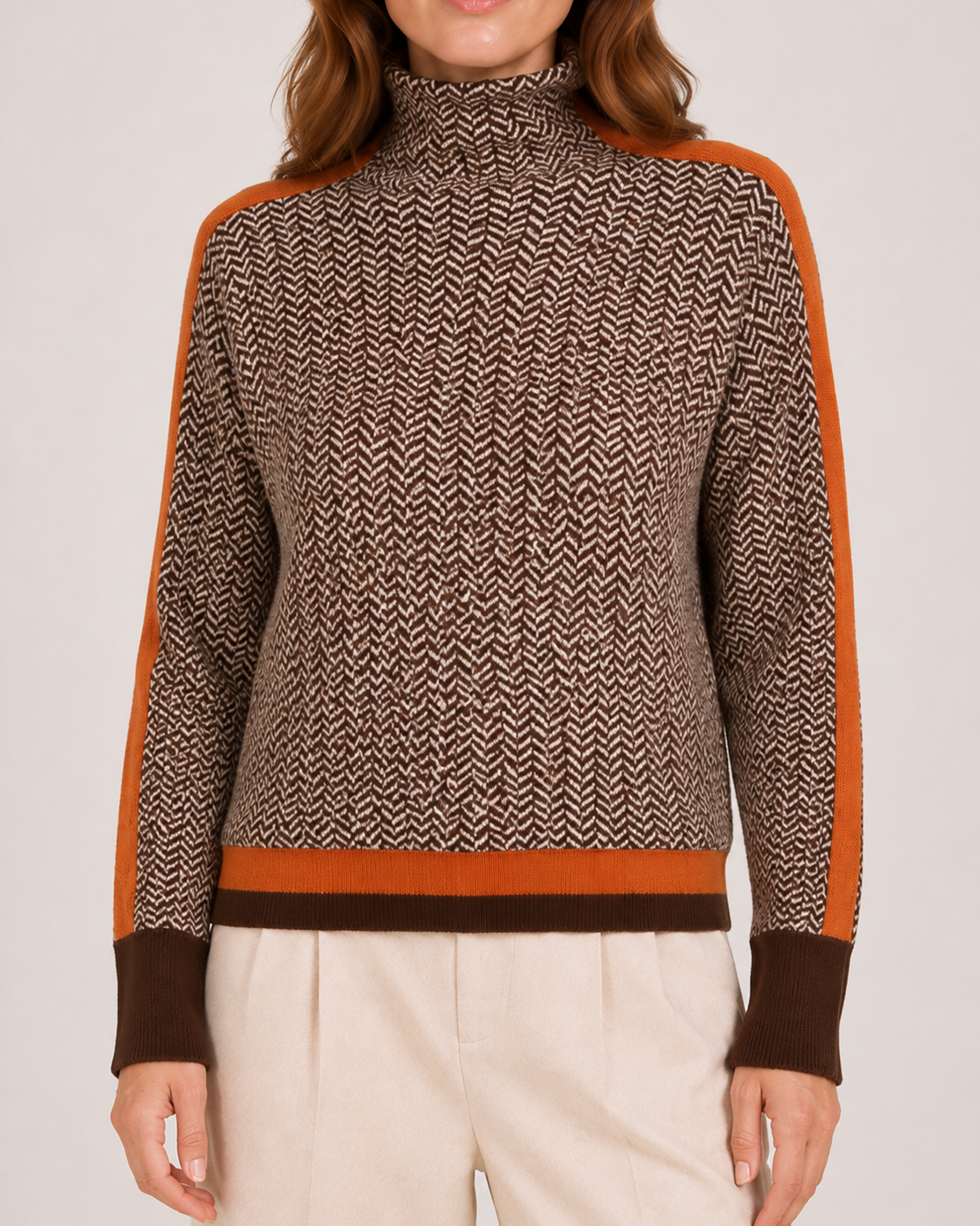 Women’s Roll Neck Jumper with Contrast Sleeves in Orange, product detail view