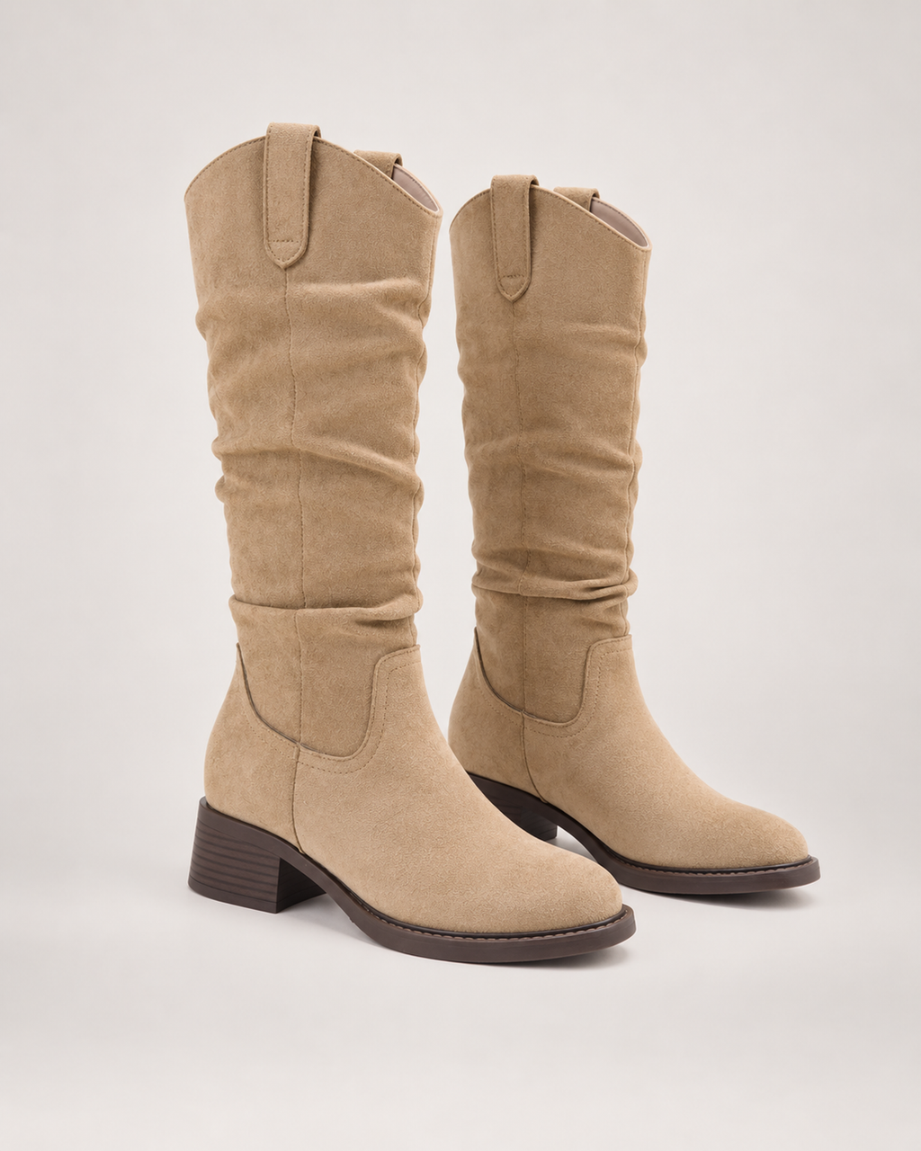 Women’s Knee High Boots with Round Toe and Chunky Heel in Beige, product only pair alternative supported angle view