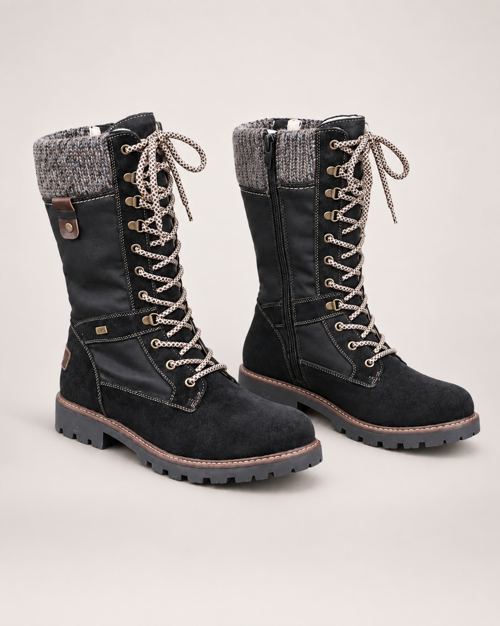 Women’s Lace Up Boots with Knitted Cuff in Black, product only pair alternative supported angle view
