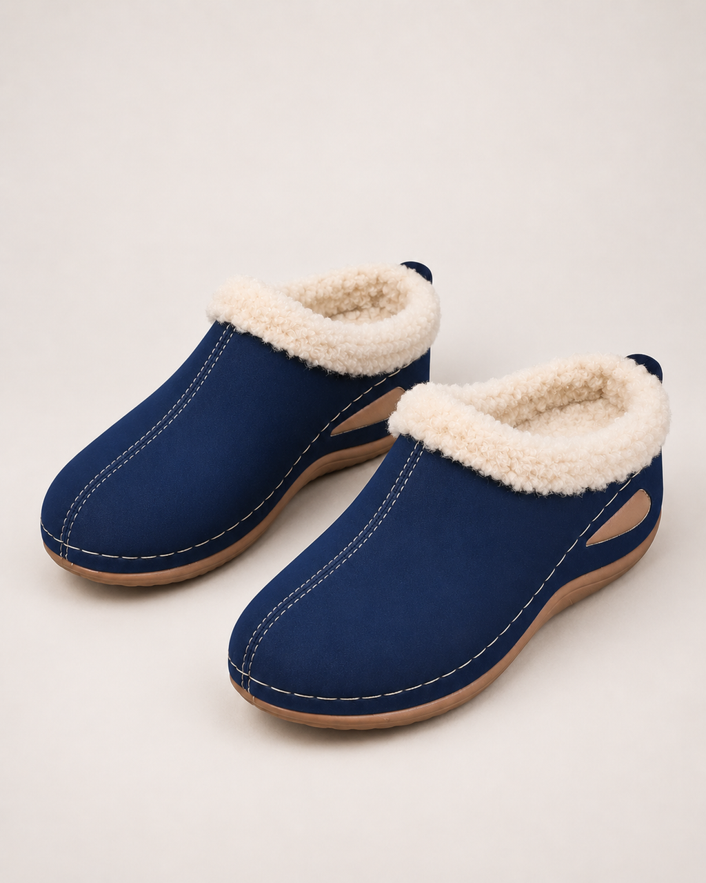 Women’s Slipper Clogs with Plush Lining and Wedge Sole in Navy Blue, product only pair alternative supported angle view