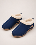 Women’s Slipper Clogs with Plush Lining and Wedge Sole in Navy Blue, product only pair alternative supported angle view