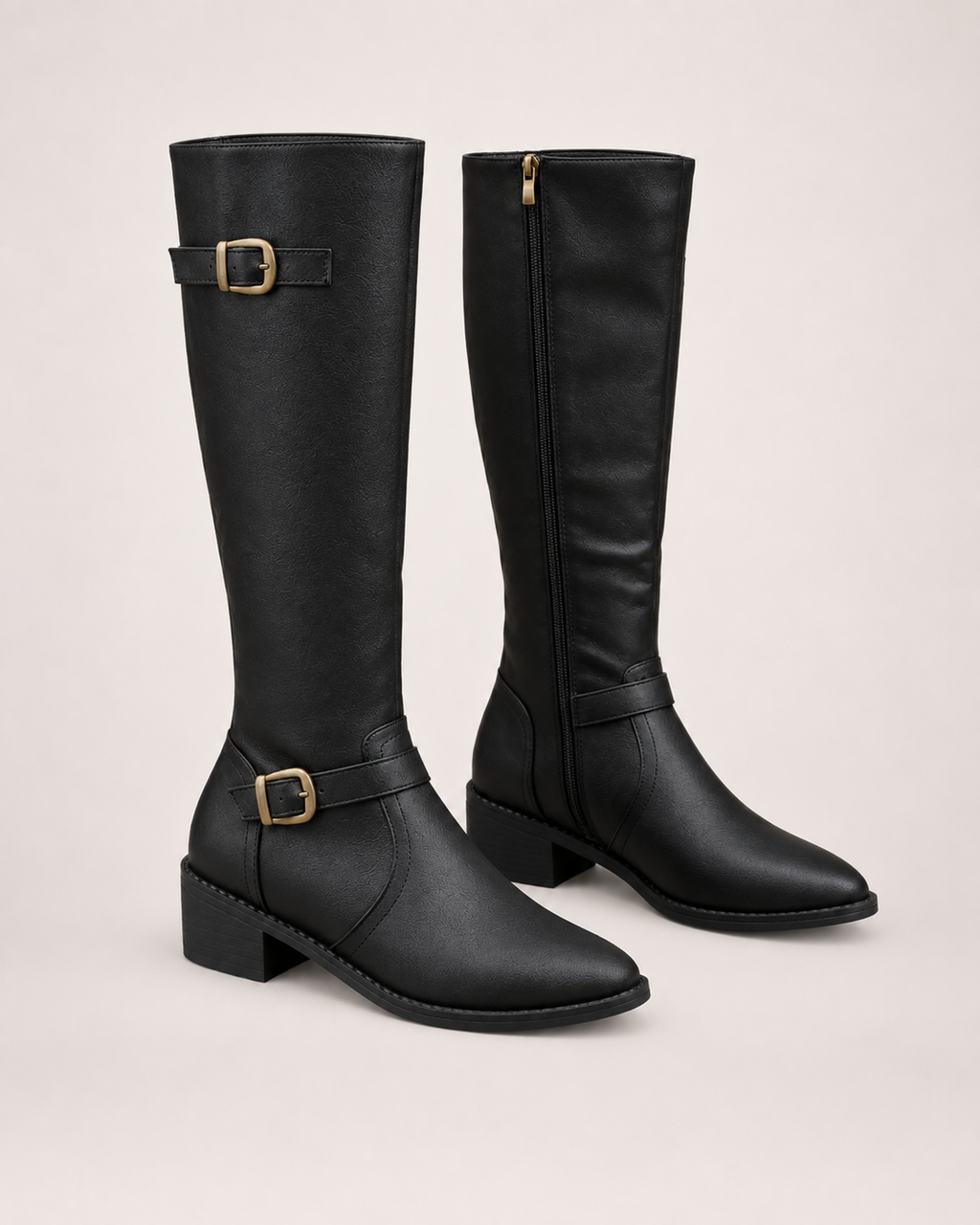 Women’s Knee High Boots with Riding Shape and Buckle Detail in Black, product only pair alternative supported angle view