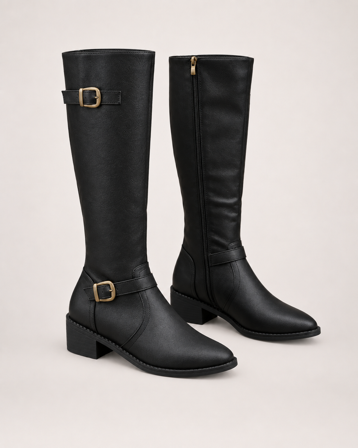 Women’s Knee High Boots with Riding Shape and Buckle Detail in Black, product only pair alternative supported angle view
