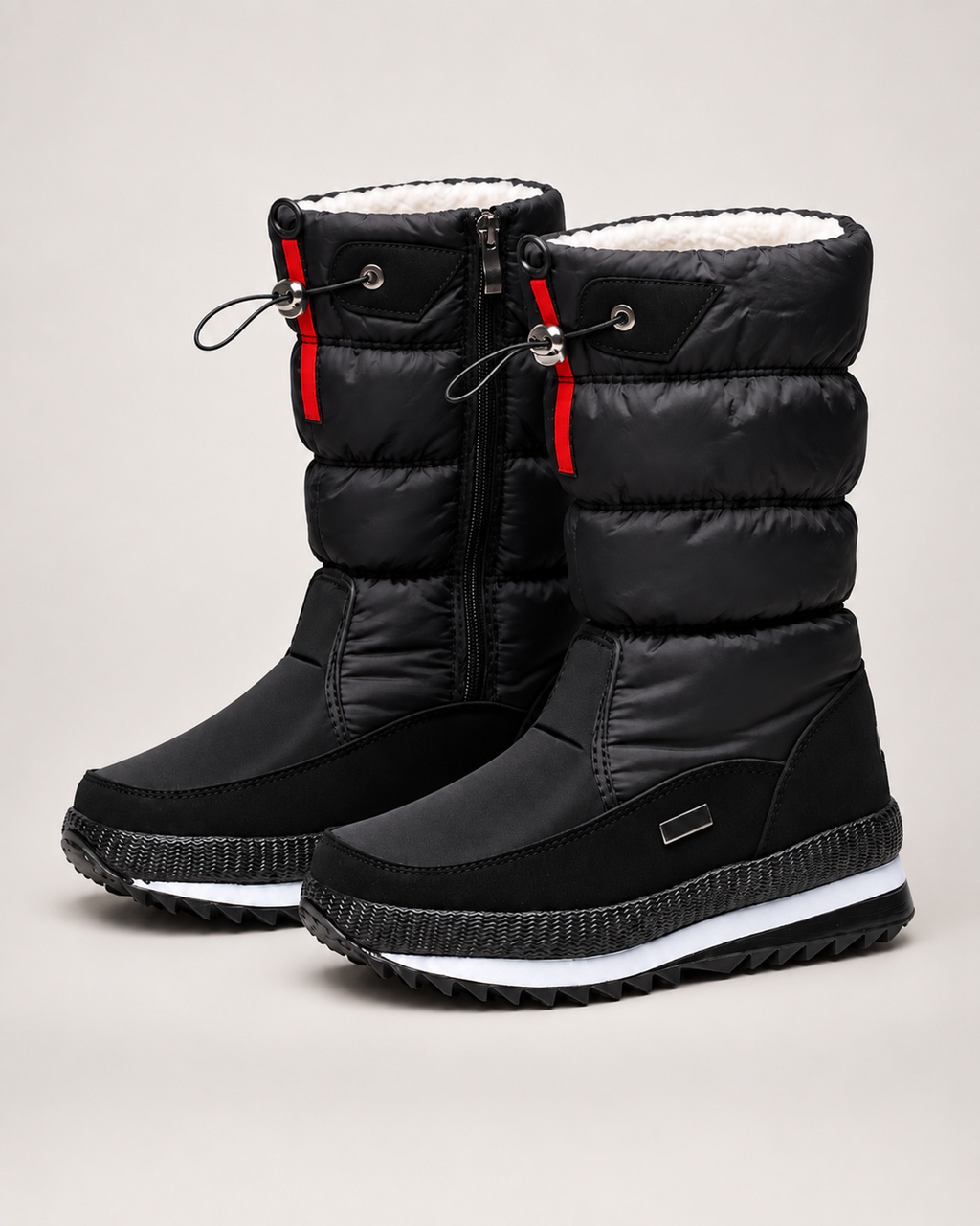 Women’s Snow Boots with Quilted Shaft and Treaded Sole in Black, product only pair alternative supported angle view