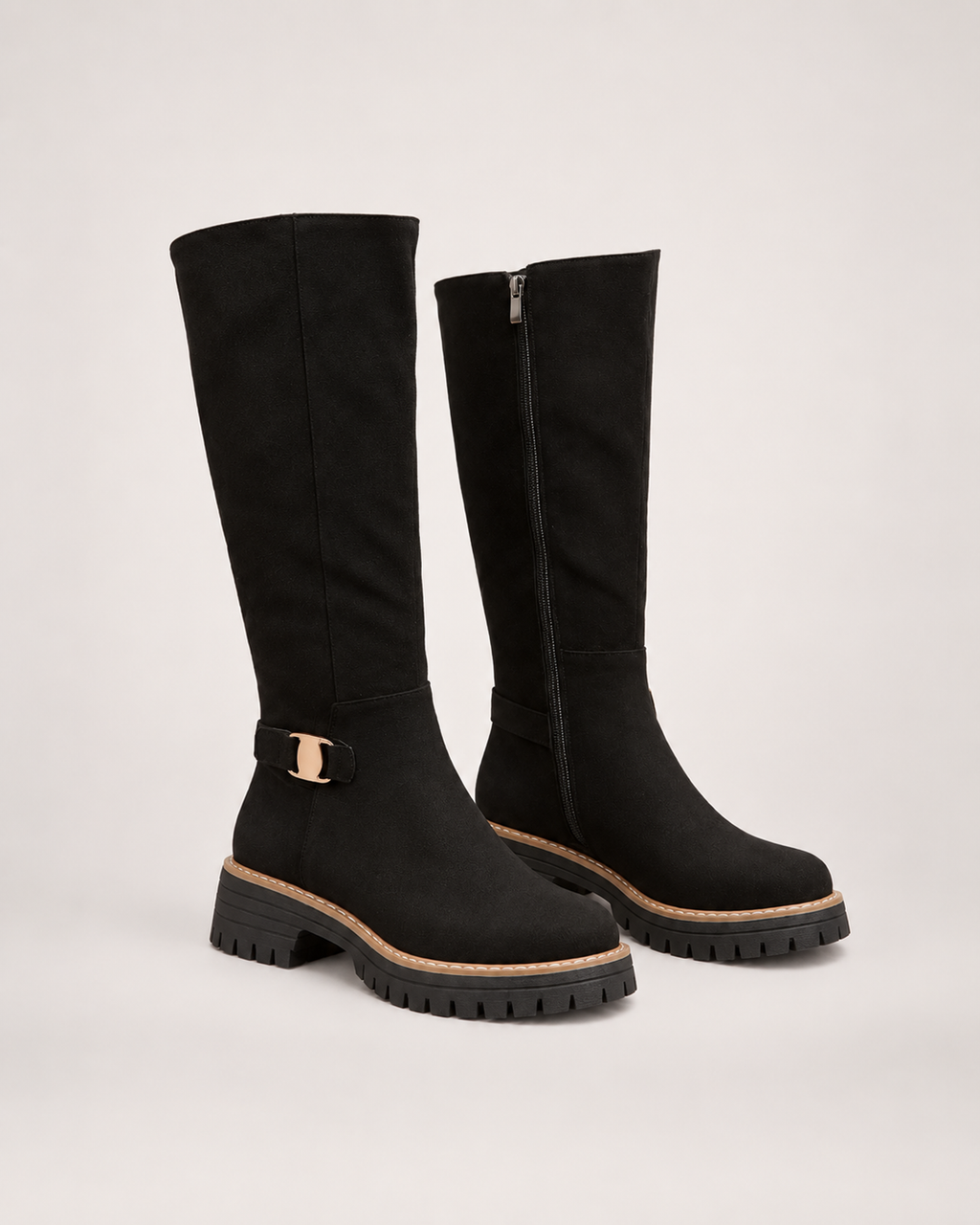 Women’s Black Knee High Boots with Chunky Sole and Buckle Detail in Black, product only pair alternative supported angle view