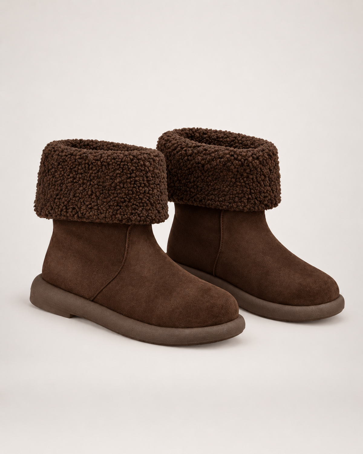 Women’s Mid Calf Boots with Fold-Down Fluffy Cuff in Dark Brown, product only pair alternative supported angle view