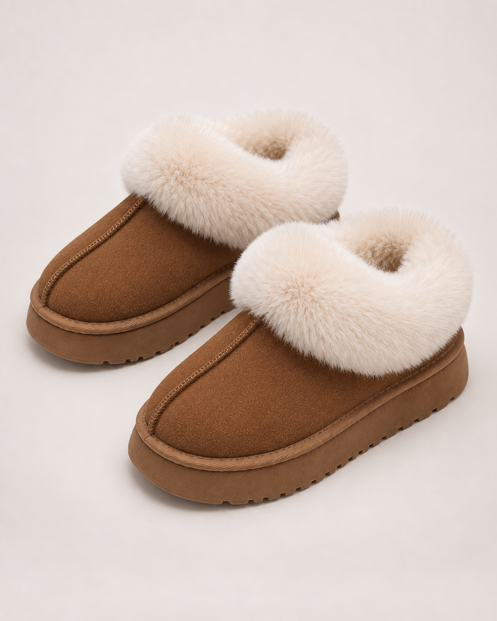 Women’s Platform Slippers with Fluffy Collar in Chestnut Brown, product only pair alternative supported angle view