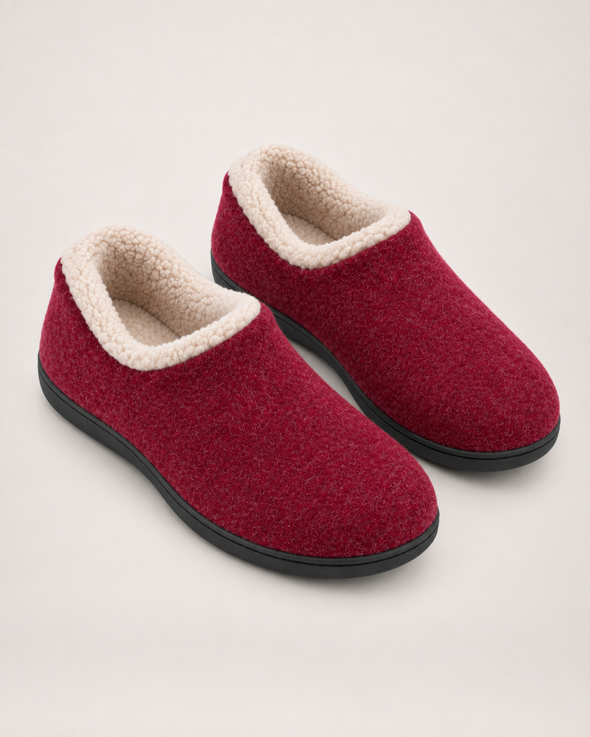 Women’s Full Slippers with Closed Back and Soft Collar in Burgundy, product only pair alternative supported angle view