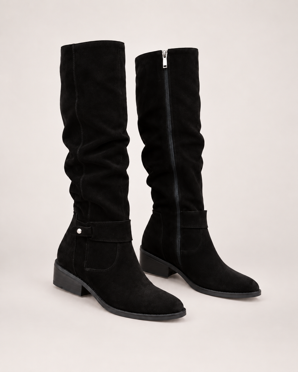 Women’s Knee High Boots with Low Heel and Side Zip in Black, product only pair alternative supported angle view