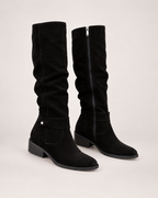 Women’s Knee High Boots with Low Heel and Side Zip in Black, product only pair alternative supported angle view