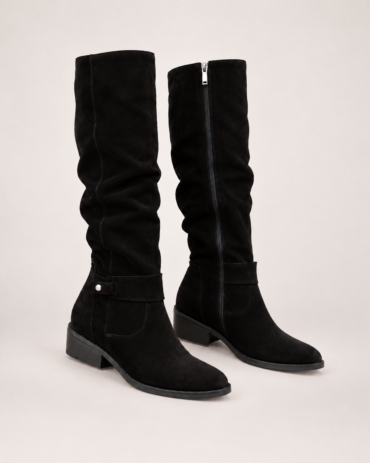 Women’s Knee High Boots with Low Heel and Side Zip in Black, product only pair alternative supported angle view