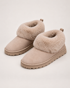 Women’s Slipper Boots with Fold-Down Fluffy Cuff in Taupe, product only pair alternative supported angle view