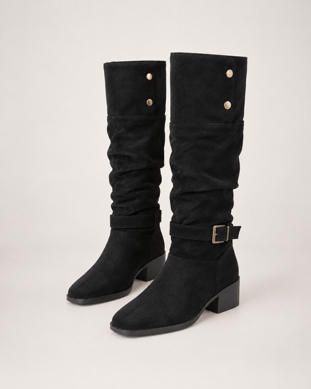 Women’s Knee High Boots with Slouch Shaft and Block Heel in Black, product only pair alternative supported angle view