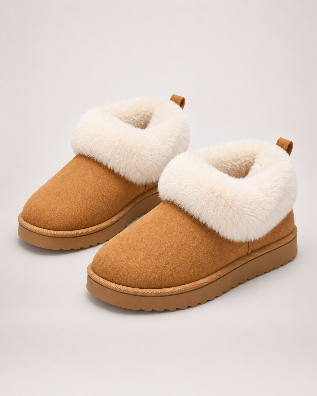 Women’s Slipper Boots with Fluffy Cuff and Platform Sole in Camel, product only pair alternative supported angle view