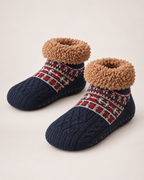 Women’s Slipper Socks with Fair Isle Pattern in Navy Blue, product only pair alternative supported angle view