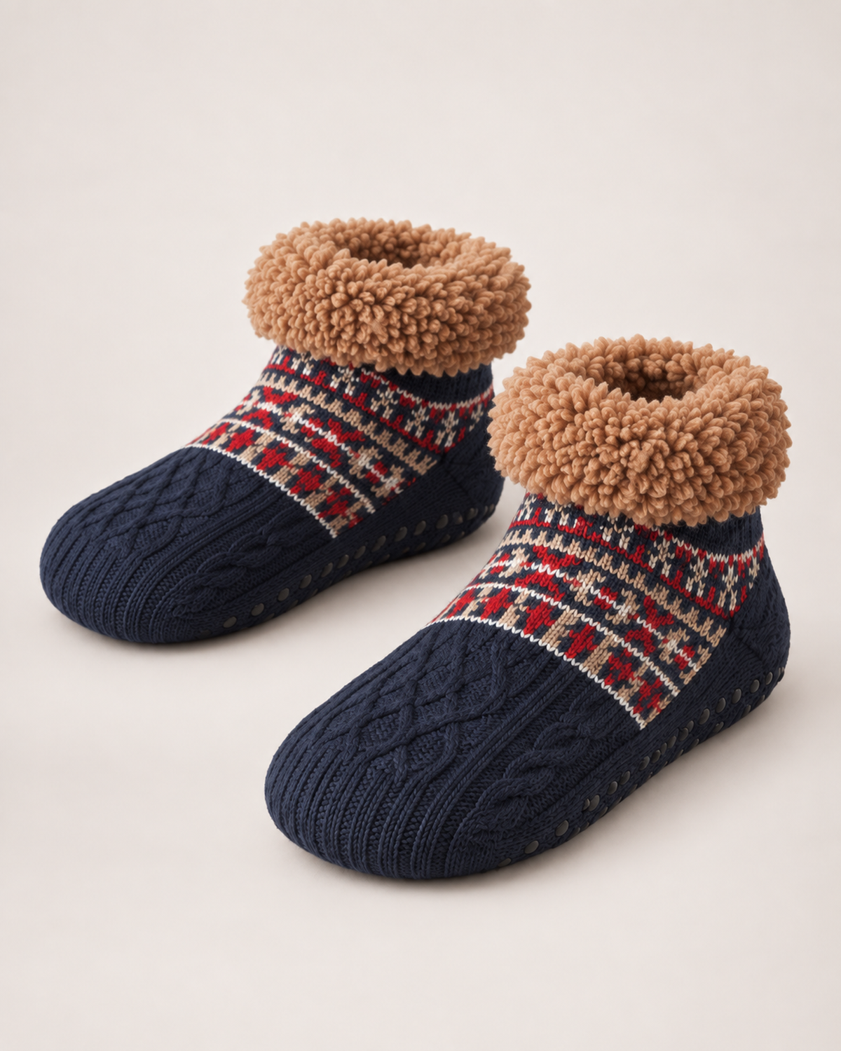 Women’s Slipper Socks with Fair Isle Pattern in Navy Blue, product only pair alternative supported angle view