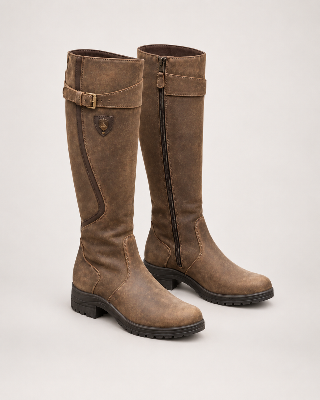 Women’s Riding Boots with Buckle Detail and Low Heel in Brown, product only pair alternative supported angle view