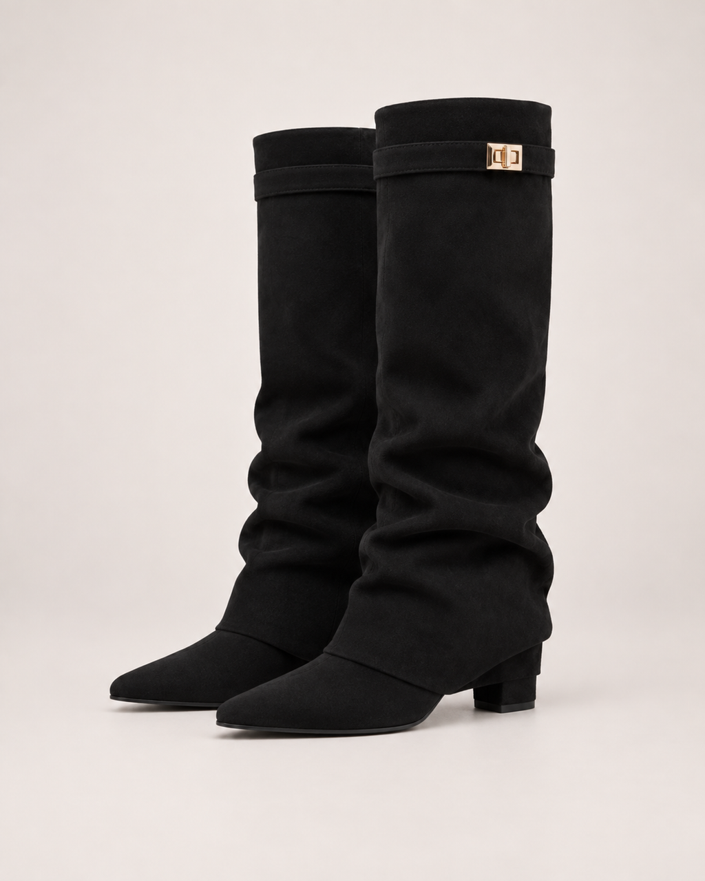 Women’s Knee High Boots with Pointed Toe and Metal Buckle in Black, product only pair alternative supported angle view