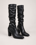 Women’s Knee High Boots with Pointed Toe and High Heel in Black, product only pair alternative supported angle view