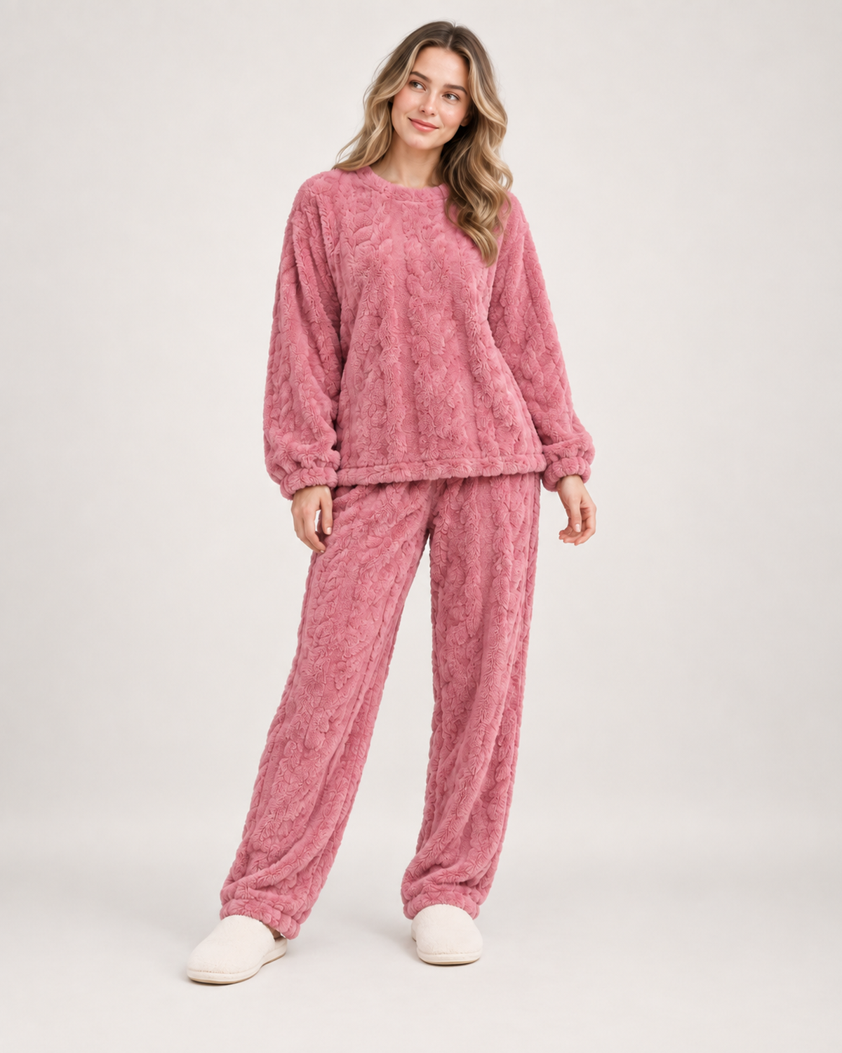 Women’s Pyjamas with Flannel Cable Pattern in Pink, lower body product focus view