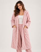 Women’s Pyjama Set with Long Hooded Robe and Trousers in Pink, full body view