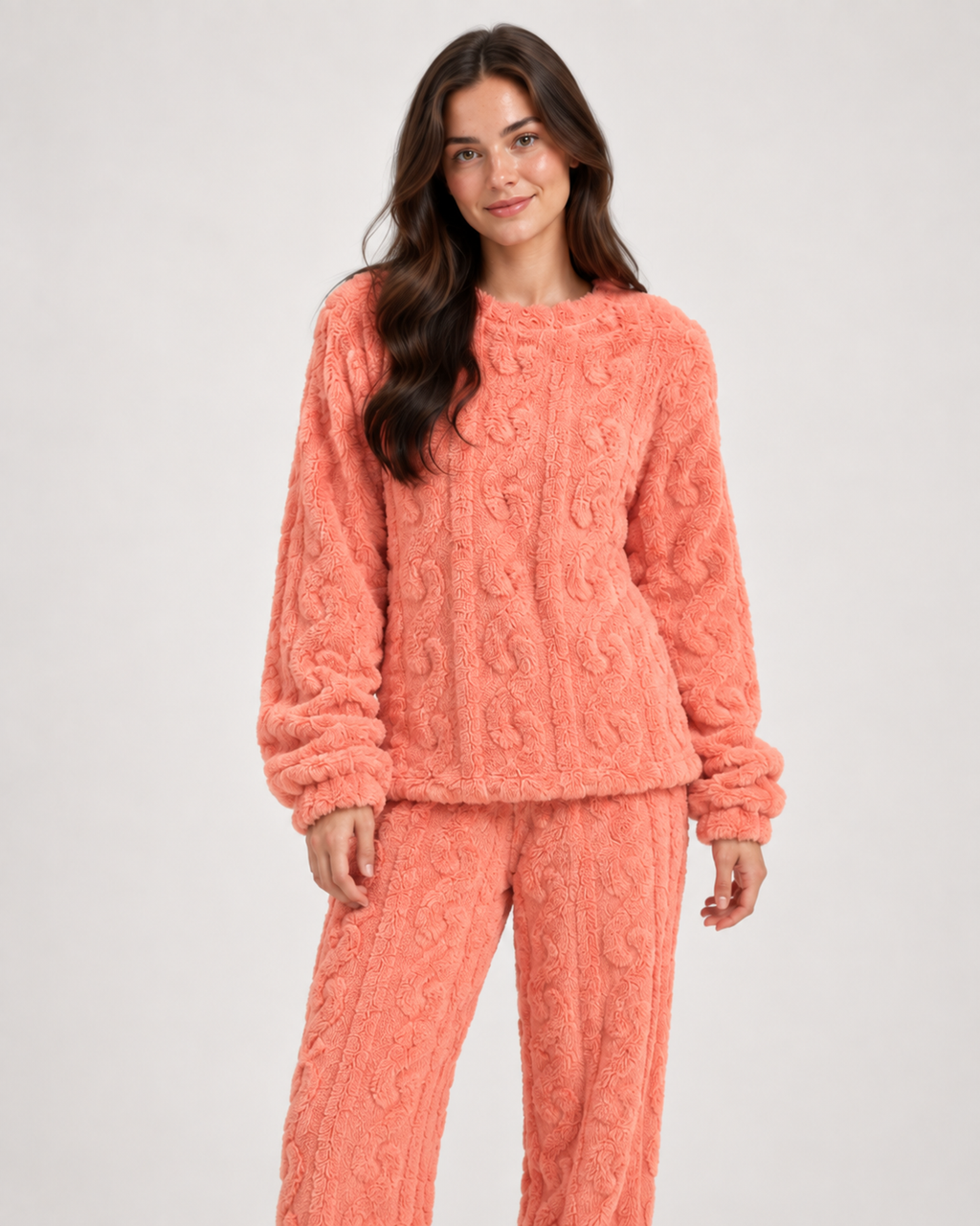 Women’s Fleece Pyjamas with Cable Pattern in Pink, lower body product focus view