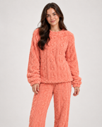 Women’s Fleece Pyjamas with Cable Pattern in Pink, lower body product focus view