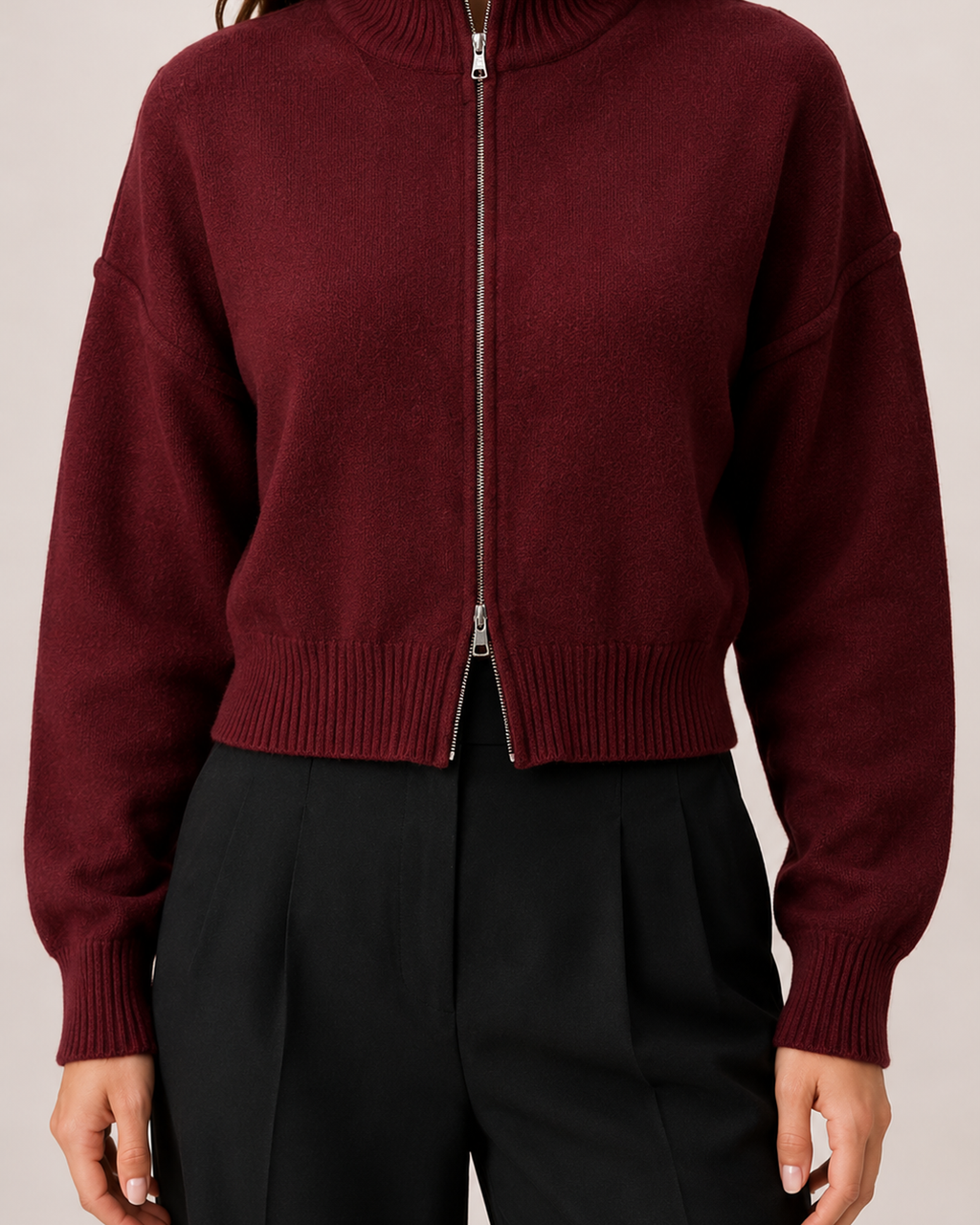Women’s Zip Up Cardigan with Funnel Neck in Red, product detail view