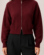 Women’s Zip Up Cardigan with Funnel Neck in Red, product detail view