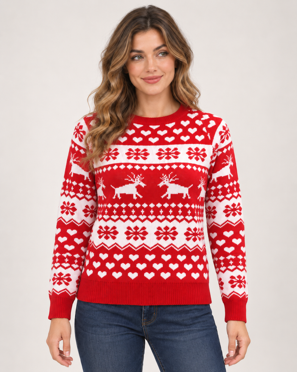 Women’s Christmas Jumper with Reindeer and Heart Pattern in Red, upper body product focus view
