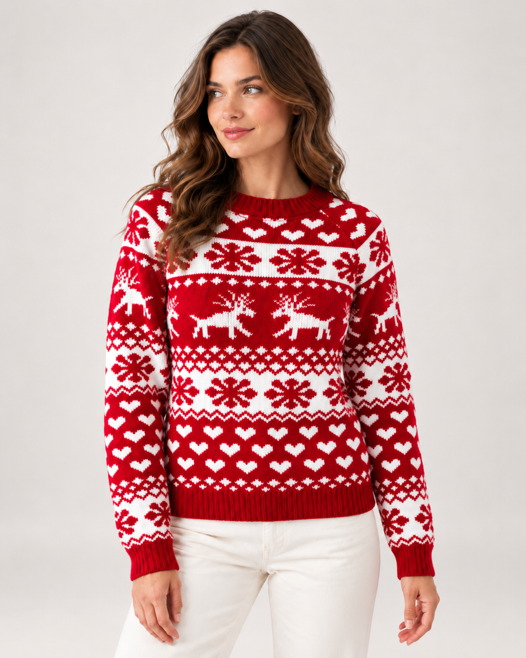 Women’s Christmas Jumper with Reindeer Pattern in Red, upper body product focus view