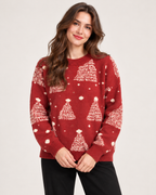 Women’s Christmas Jumper with Christmas Tree Pattern in Red, upper body product focus view