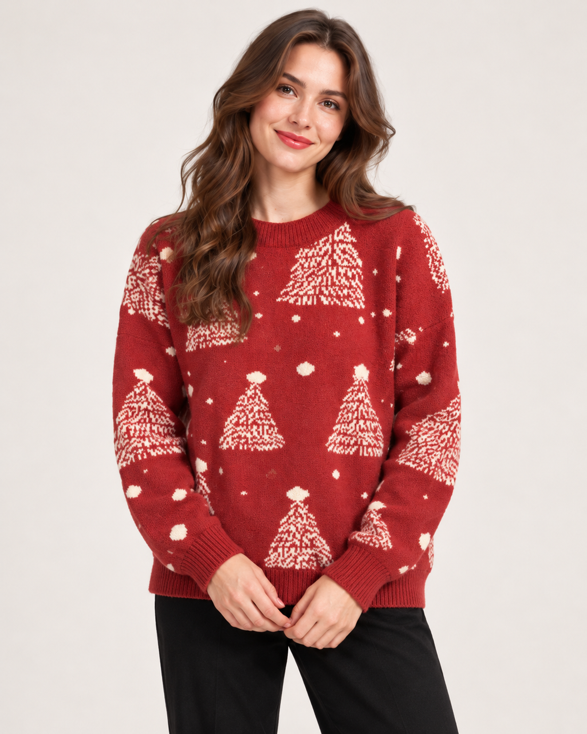 Women’s Christmas Jumper with Christmas Tree Pattern in Red, upper body product focus view