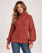 Women’s Cable Knit Jumper with Roll Neck and Balloon Sleeves in Red, upper body product focus view