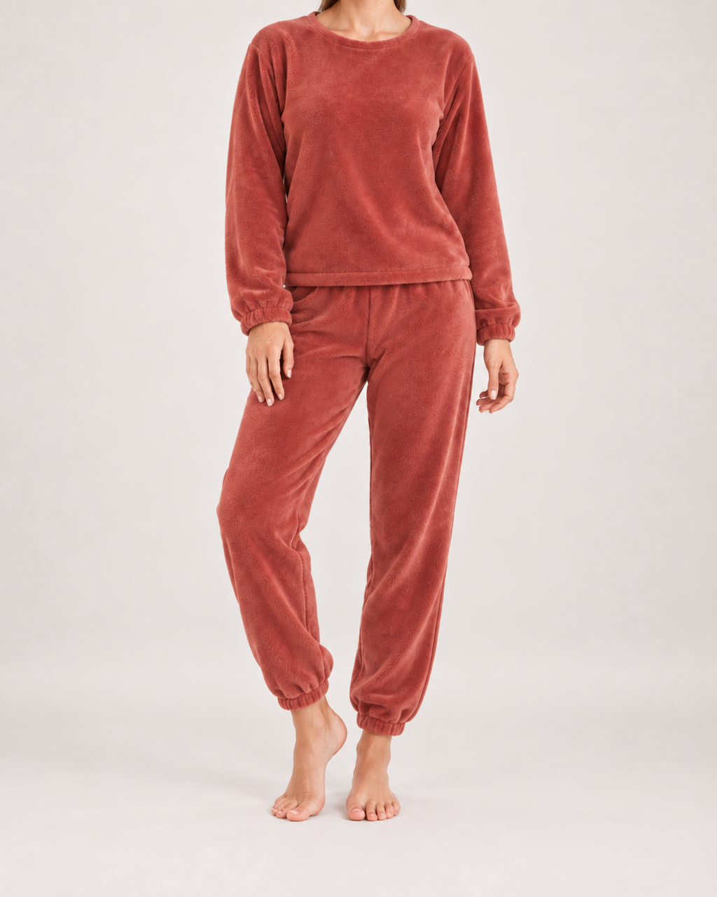 Women’s Fleece Loungewear Set with Crew Neck and Joggers in Red, full body view