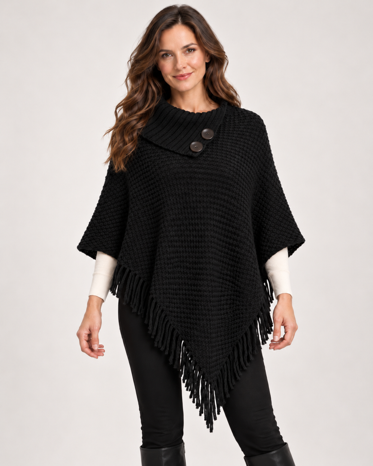 Women’s black poncho with high neck and button detail