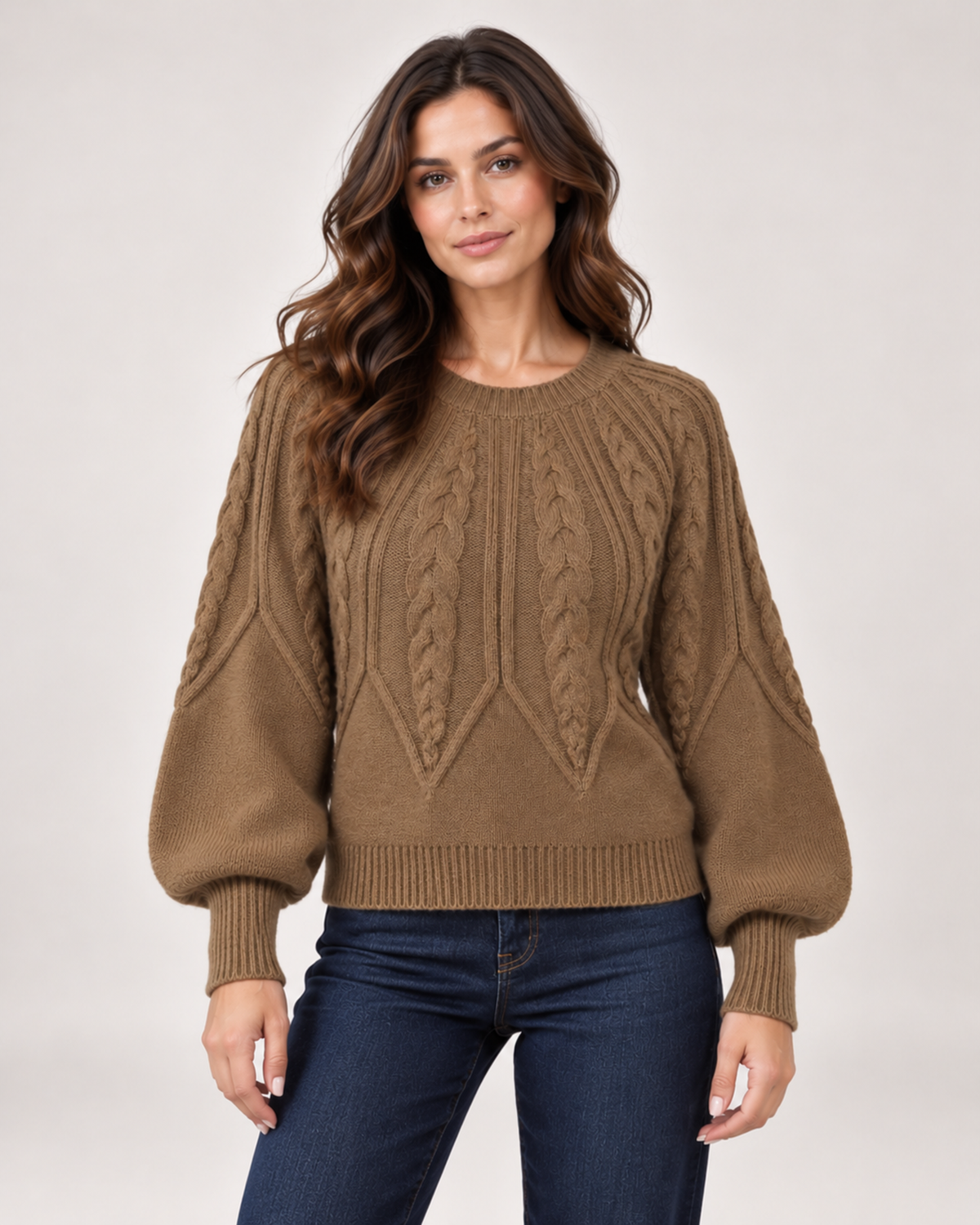 Women’s brown cable knit jumper with balloon sleeves